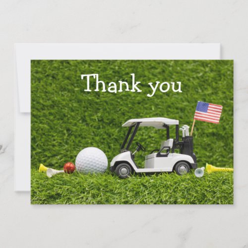 Golf ball and golf cart with flag of America Thank You Card