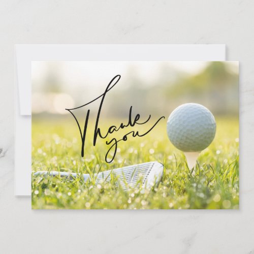 Golf ball and Iron on green Thank you card