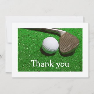 Golf ball and Iron on green Thank you card