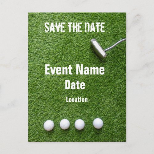 Golf ball and putter on green save the date postcard