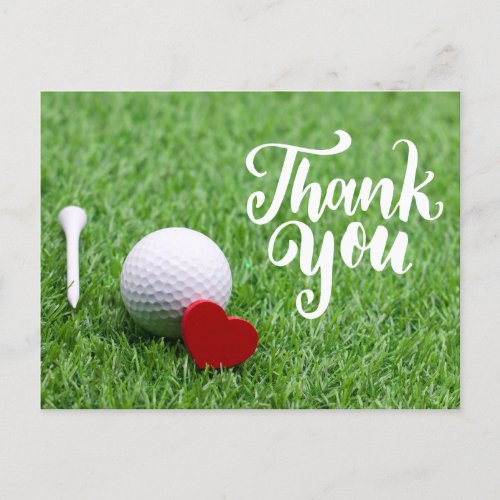 Golf ball and red heart on green grass Thank you Holiday Postcard