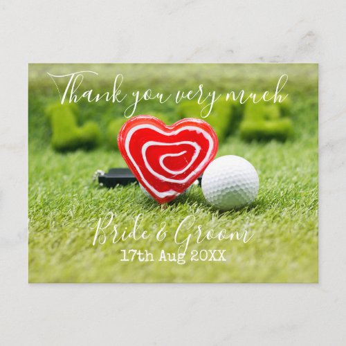 Golf ball and Red heart with love on Wedding Postcard