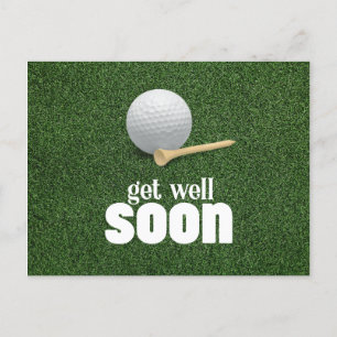 Golf ball and tee Get well soon on green grass Postcard