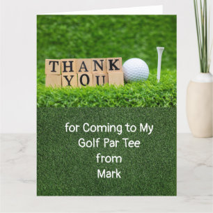 Golf ball and tee on green grass thank you card