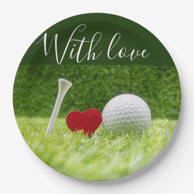Golf ball and tee on green grass with love paper plates (Front)