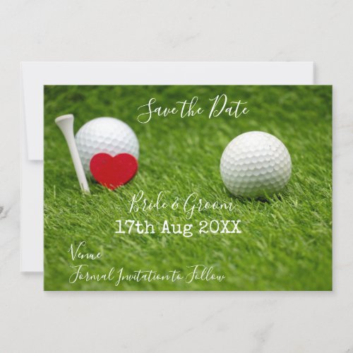 Golf ball and tee Save the Date with love on green Invitation