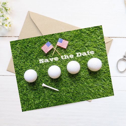 Golf ball and tee with flag of America Save Date Postcard