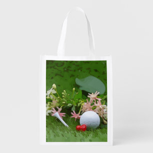 Golf ball and tee with love flower on green grocery bag