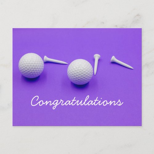 Golf ball and white tee are on purple background postcard