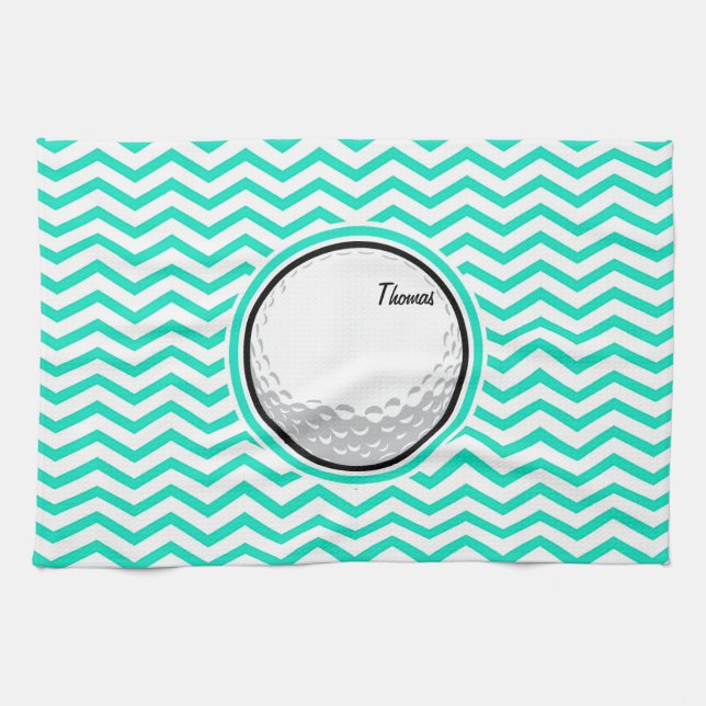 Golf Ball; Aqua Green Chevron Kitchen Towel (Horizontal)