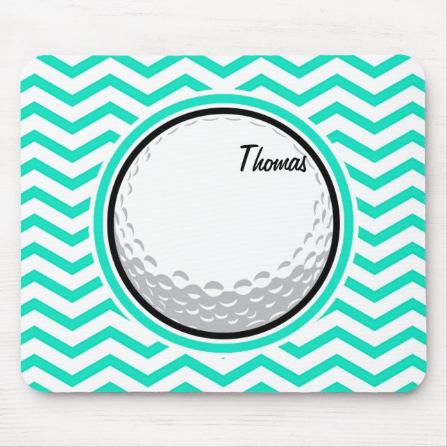 Golf Ball; Aqua Green Chevron Mouse Pad (Front)
