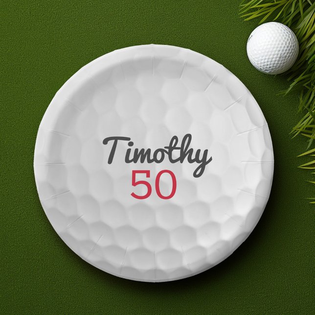 Golf Ball Birthday Party - 50th or Other Year Paper Plates (Golf Theme Birthday Party Plate - Customize with Name Personalize with birthday party information)