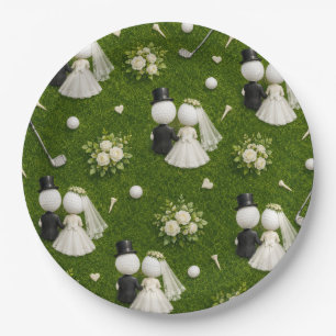 Golf ball bride and groom wedding on green grass paper plates