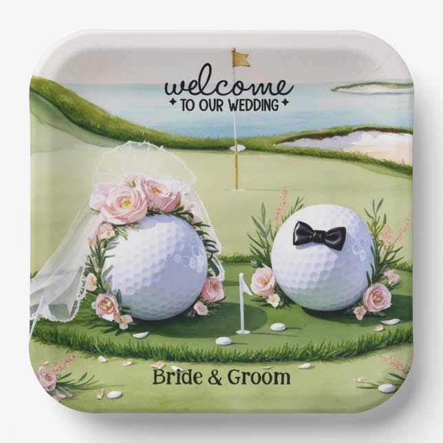 Golf ball Bride & Groom Welcome to our Wedding Paper Plates (Front)