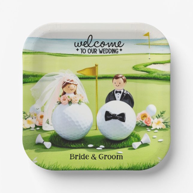 Golf ball Bride & Groom Welcome to our Wedding Paper Plates (Front)