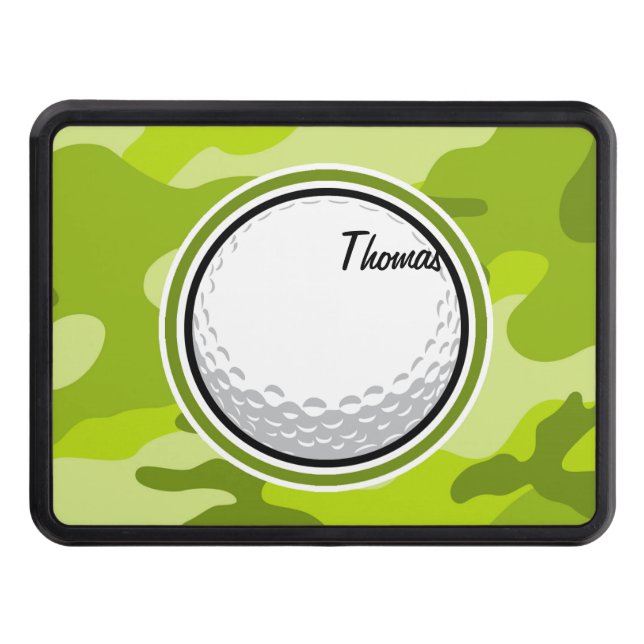 Golf Ball; bright green camo, camouflage Hitch Cover (Front)