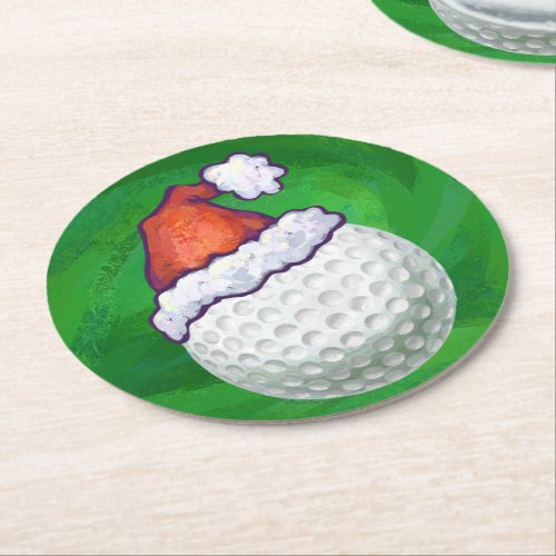 Golf Ball Christmas Hat on Green Round Paper Coaster
