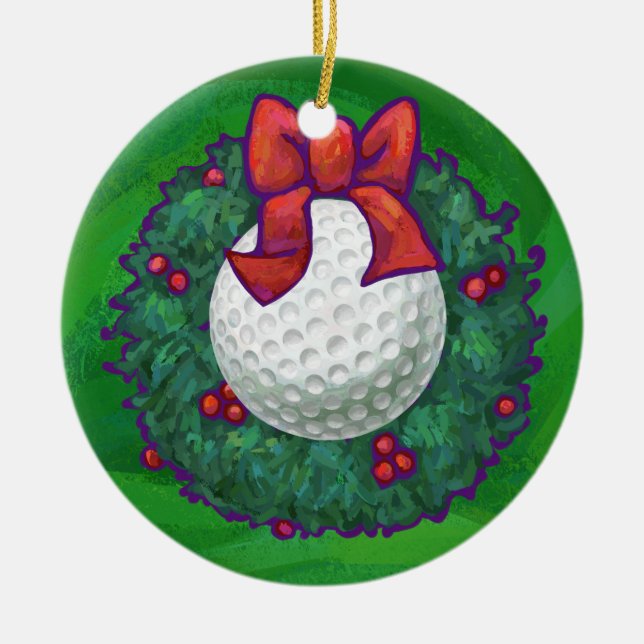 Golf Ball Christmas Wreath on Green Ceramic Ornament (Front)