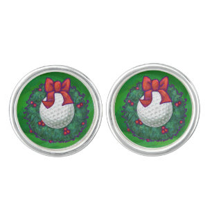 Golf Ball Christmas Wreath on Green Cufflinks