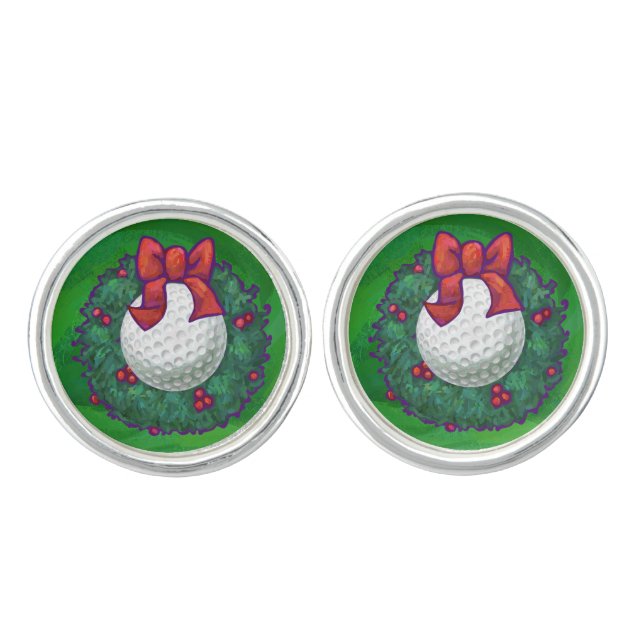 Golf Ball Christmas Wreath on Green Cufflinks (Front)