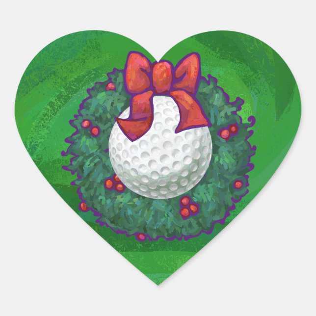 Golf Ball Christmas Wreath on Green Heart Sticker (Front)