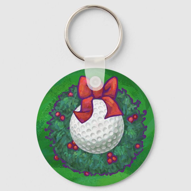 Golf Ball Christmas Wreath on Green Keychain (Front)