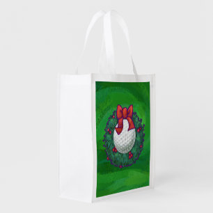 Golf Ball Christmas Wreath on Green Reusable Grocery Bag