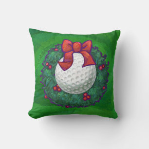 Golf Ball Christmas Wreath on Green Throw Pillow