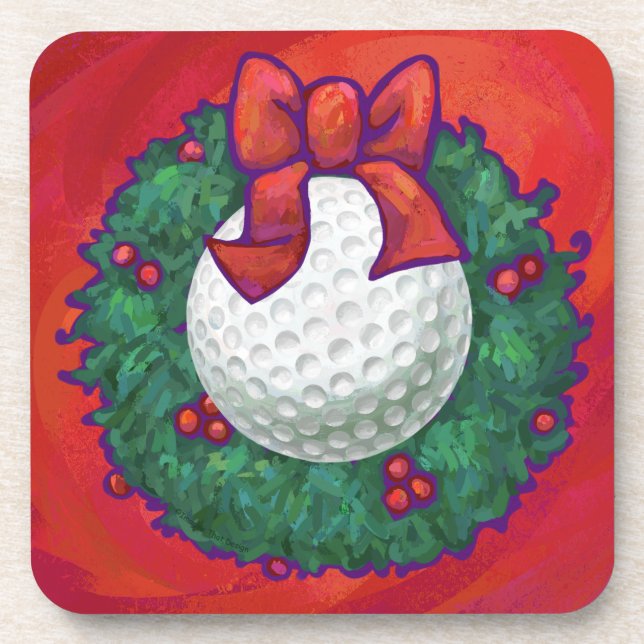 Golf Ball Christmas Wreath on Red Coaster (Front)