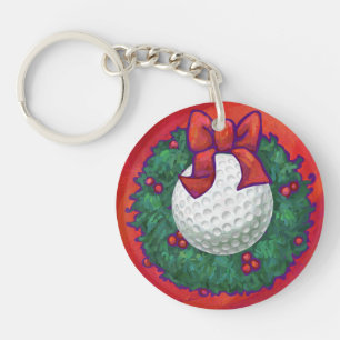 Golf Ball Christmas Wreath on Red Keychain