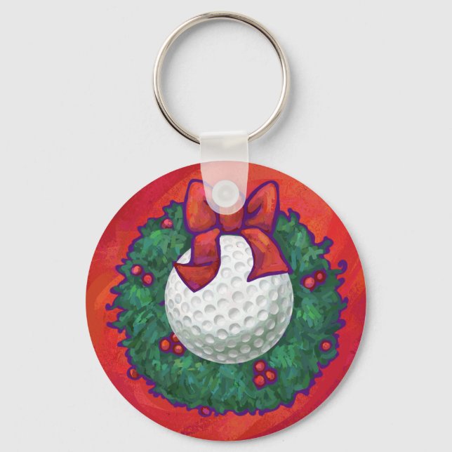 Golf Ball Christmas Wreath on Red Keychain (Front)