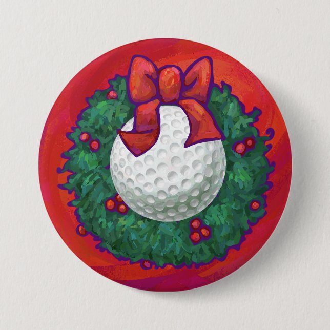 Golf Ball Christmas Wreath on Red Pinback Button (Front)