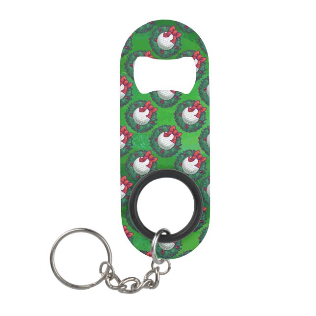 Golf Ball Christmas Wreath Pattern on Green Keychain Bottle Opener (Front)