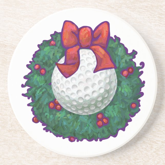 Golf Ball Christmas Wreath Sandstone Coaster (Front)