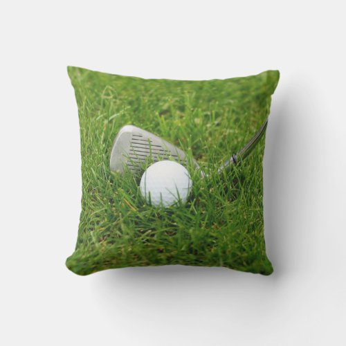 Golf Ball Club Iron and Green Grass Outdoor Pillow