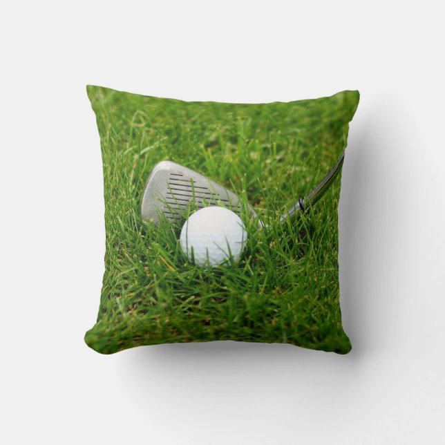 Golf Ball, Club, Iron and Green Grass Throw Pillow (Front)