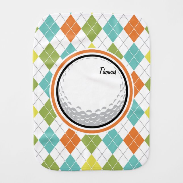 Golf Ball; Colorful Argyle Pattern Baby Burp Cloth (Front)
