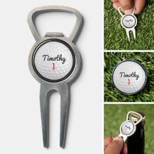 Golf Ball Dimples and Black Name Red Number Divot Tool
