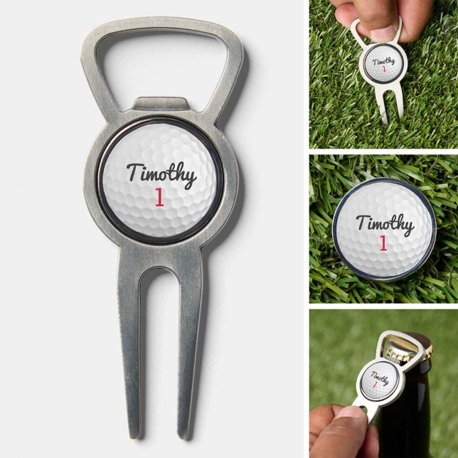 Golf Ball Dimples and Black Name Red Number Divot Tool (Custom Divot Tool)