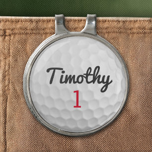 Golf Ball Dimples and Black Name Red Number Golf Hat Clip