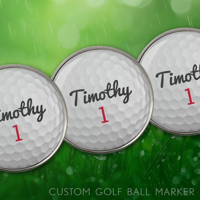 Golf Ball Dimples and Black Name Red Number Marker (Golf Ball Marker)