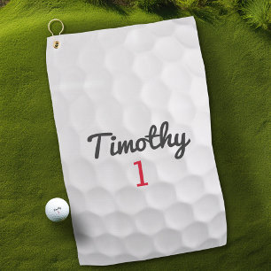 Golf Ball Dimples and Black Name Red Number Towel