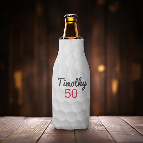 Golf Ball Dimples with Black Name Red Number Bottle Cooler