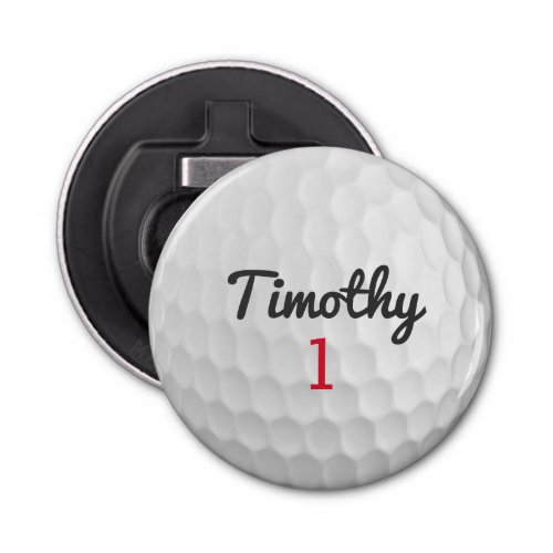Golf Ball Dimples with Black Name Red Number Bottle Opener