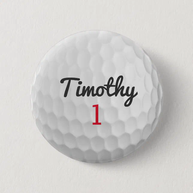 Golf Ball Dimples with Black Name Red Number Button | Zazzle