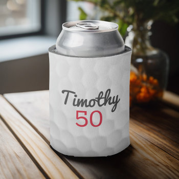 Golf Ball Dimples With Black Name Red Number Can Cooler by MyRazzleDazzle at Zazzle