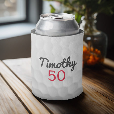 Golf Ball Dimples With Black Name Red Number Can Cooler