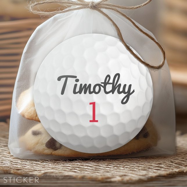 Golf Ball Dimples with Black Name Red Number Classic Round Sticker (Custom Sticker for Party Favors and Envelopes)
