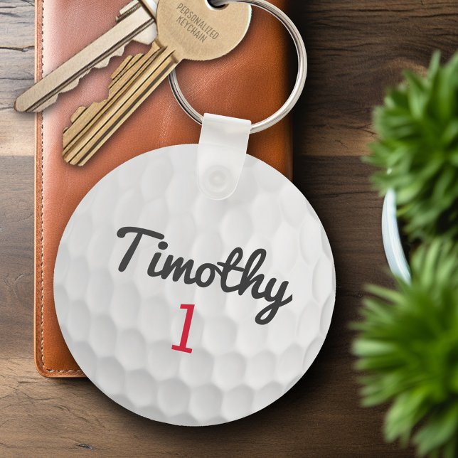 Golf Ball Dimples with Black Name Red Number Keychain (Personalized Keychain - Sports Golf Theme)