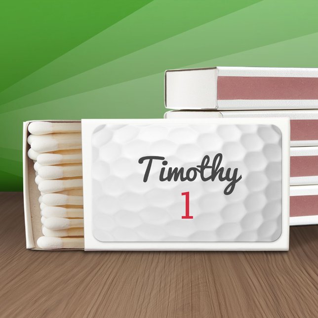 Golf Ball Dimples with Black Name Red Number Matchboxes (Custom Birthday Matchbox with Golf Theme)